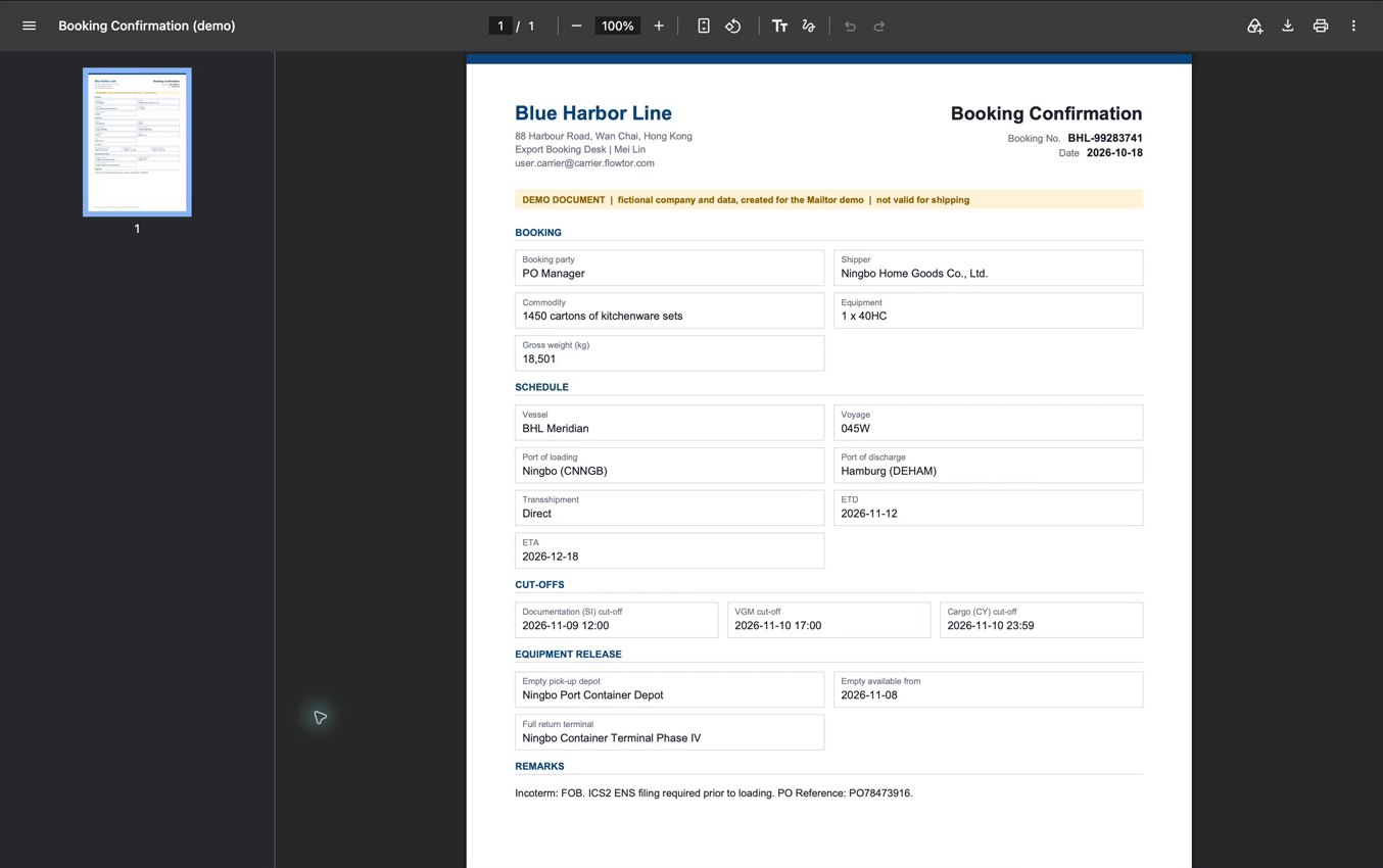 A booking confirmation from the carrier, opened from the shipment in Mailtor