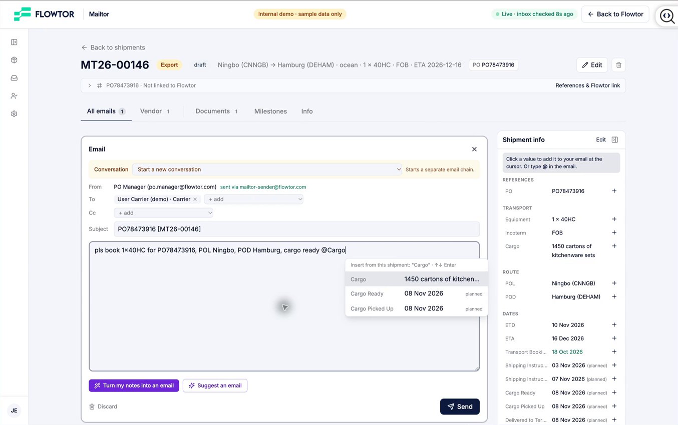 Writing an email to the carrier in Mailtor, with shipment facts inserted by typing @