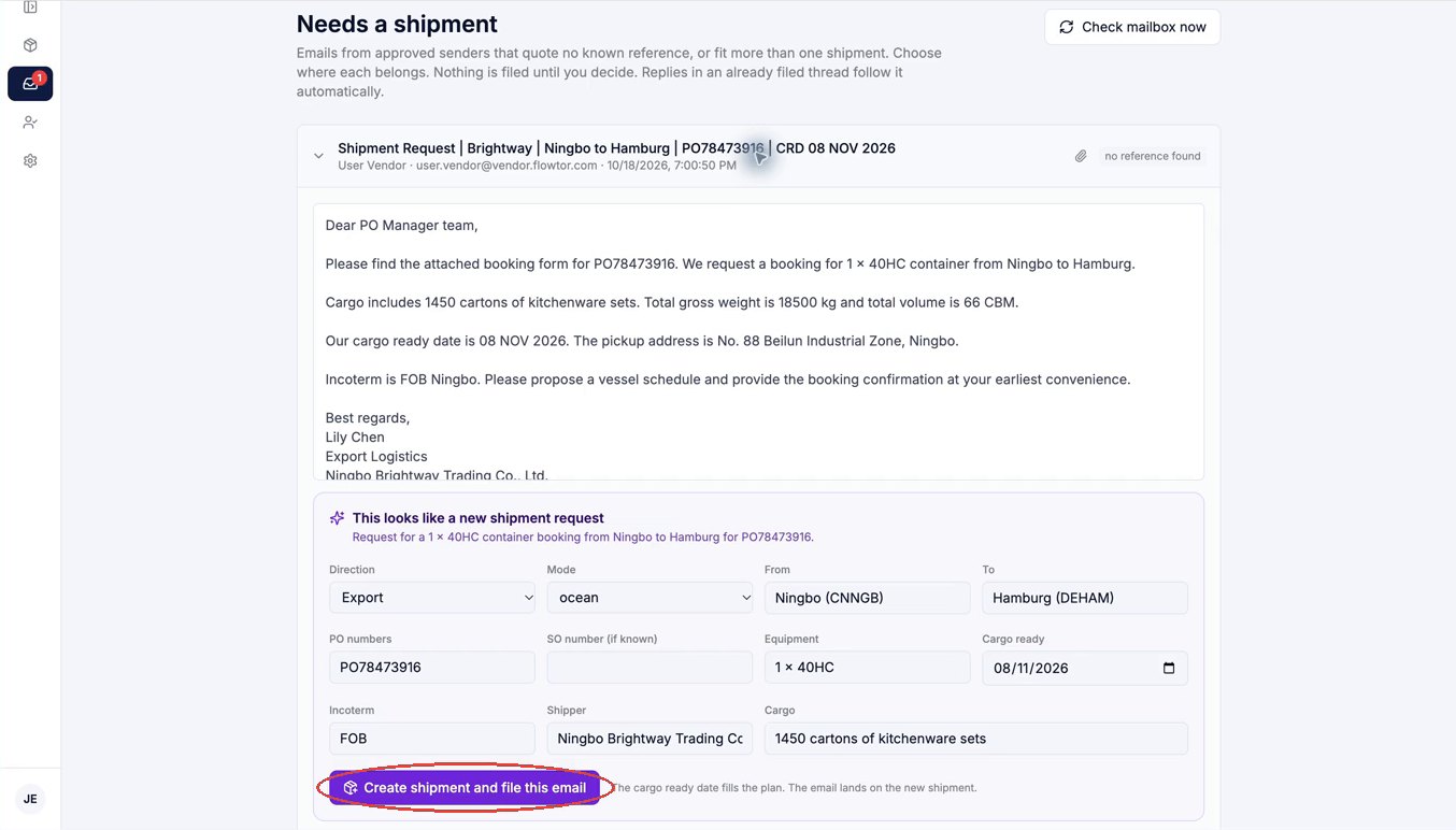 A new shipment request with the shipment details Mailtor proposed from the email